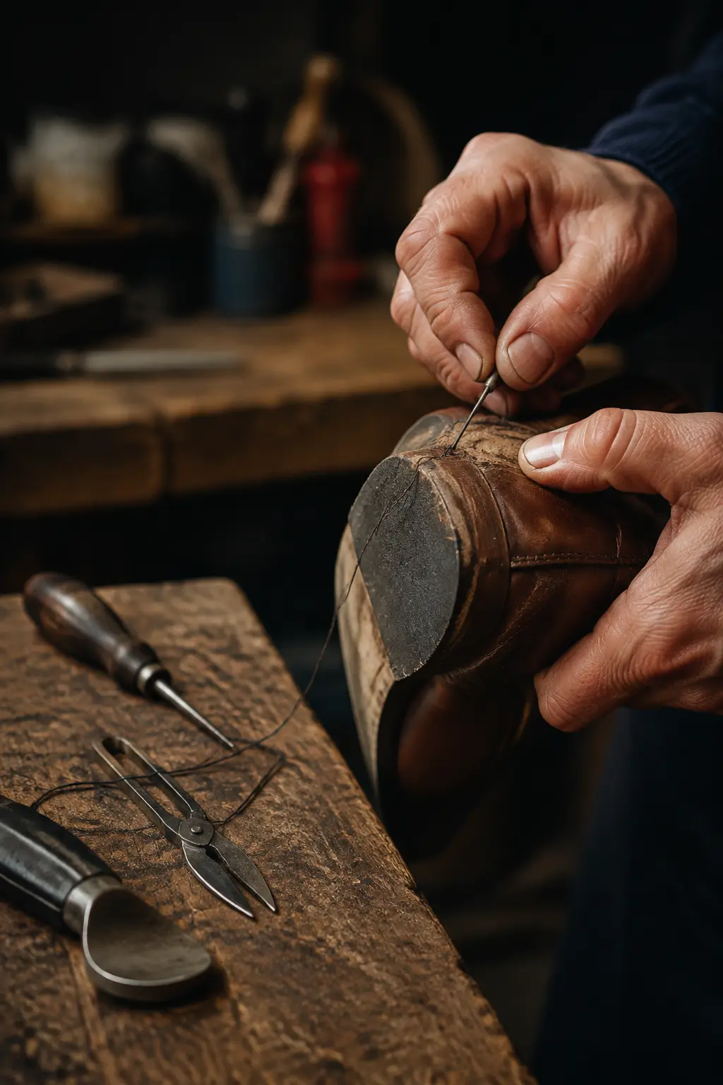 Geste de cordonnerie sur une chaussure en cuir — visuel d'illustration